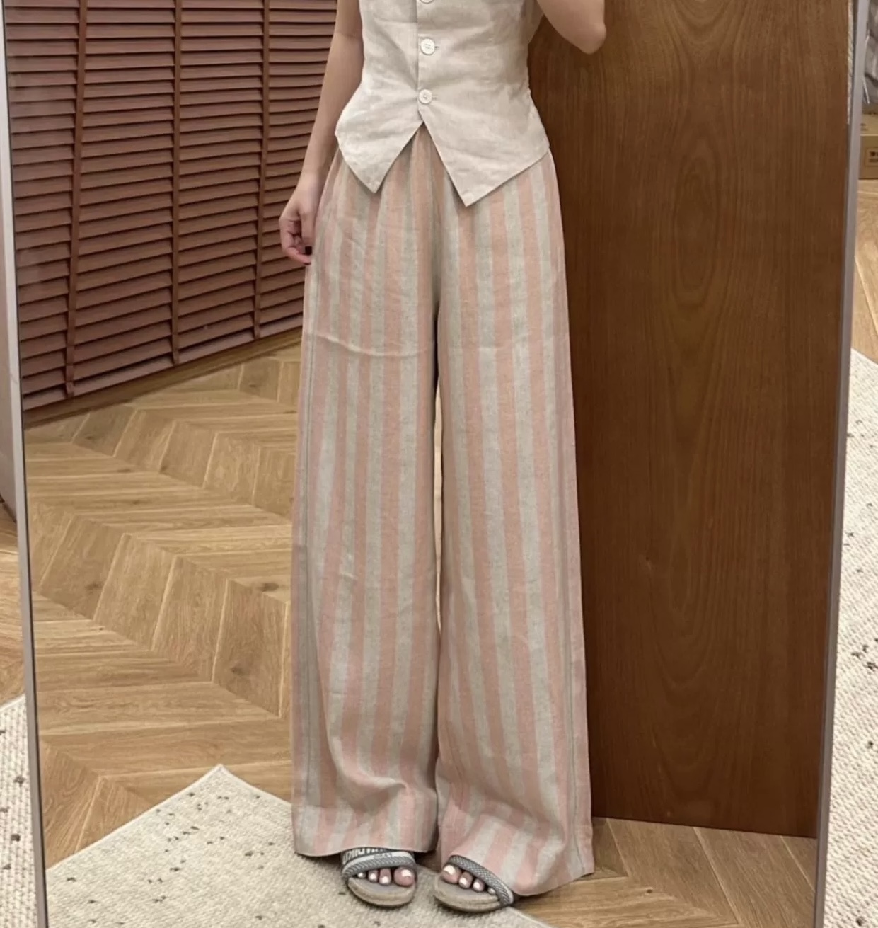 （奶粉裤裤）条纹棉麻阔腿裤女夏季2025新款慵懒风休闲裤C764