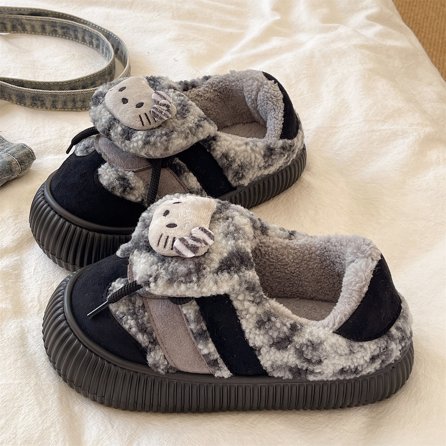 古着kitty～棉拖鞋冬季外穿可爱猫咪豹纹居家防滑厚底加绒保暖包跟