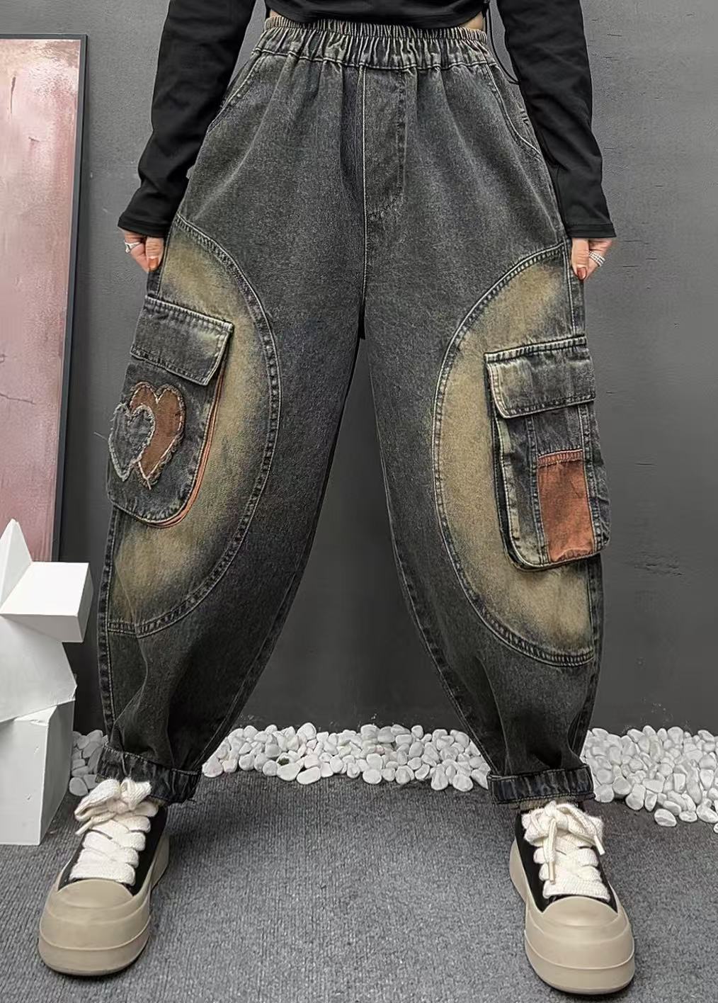 春秋女装新款大码宽松显瘦工装大口袋水洗牛仔裤休闲哈伦裤女裤