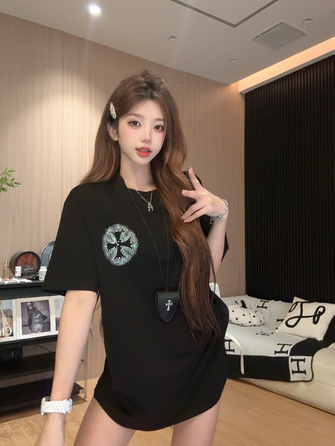 李馨儿【闪烁之星】气质短袖时尚修身拼接夏季打底百搭T恤宽松韩版