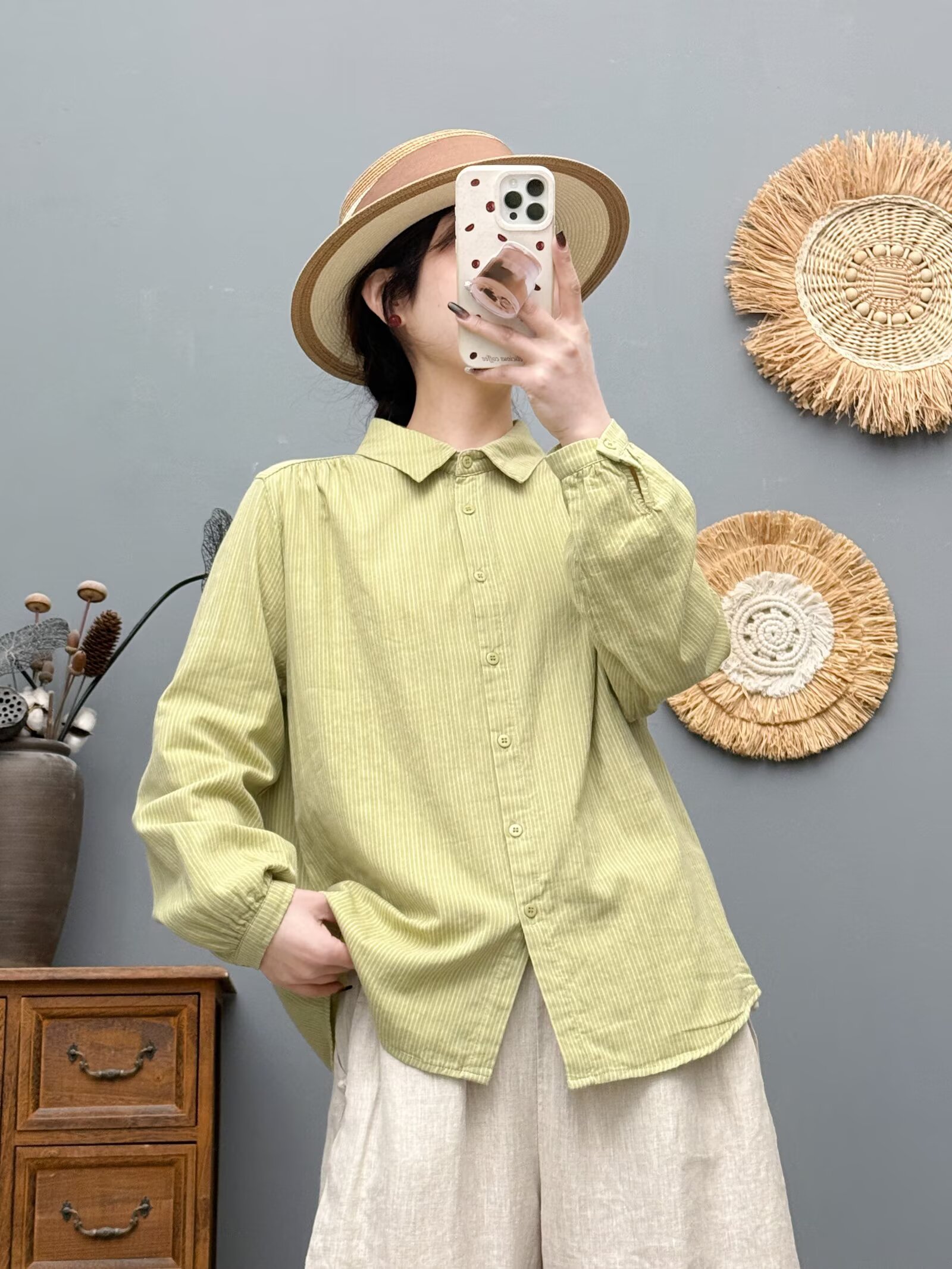 2025春季新款色织双层棉纱细条纹衬衫女休闲百搭上衣2621