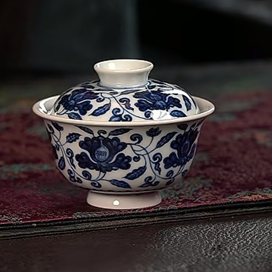 【品遗敬仁】研山琢器仿明青花茶花盖碗 盖下110cc 碗口9.3 高7cm