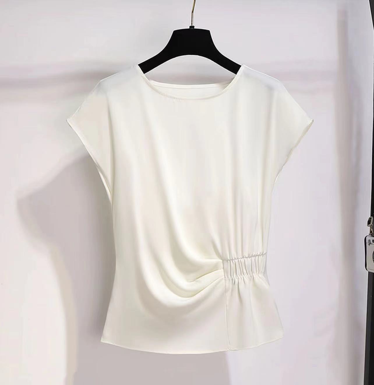 女装显瘦夏季杏色收腰缎面衬衫女士薄款夏季洋气短款0600