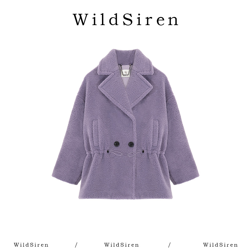【Wildsiren】秋冬收腰保暖加厚紫色摇粒绒显瘦翻领外套370179