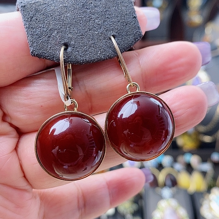 琥珀耳饰银S925镶嵌耳环