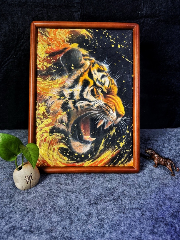 高端油画黑金版摆台老虎十二生肖