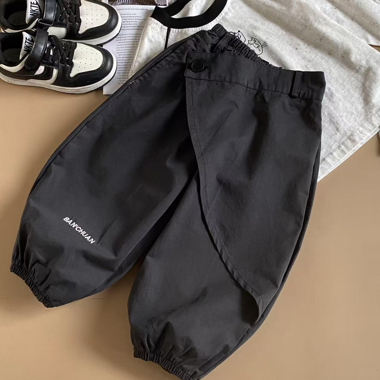 秋冬新款儿童073黑色工装裤子加绒加厚男童裤