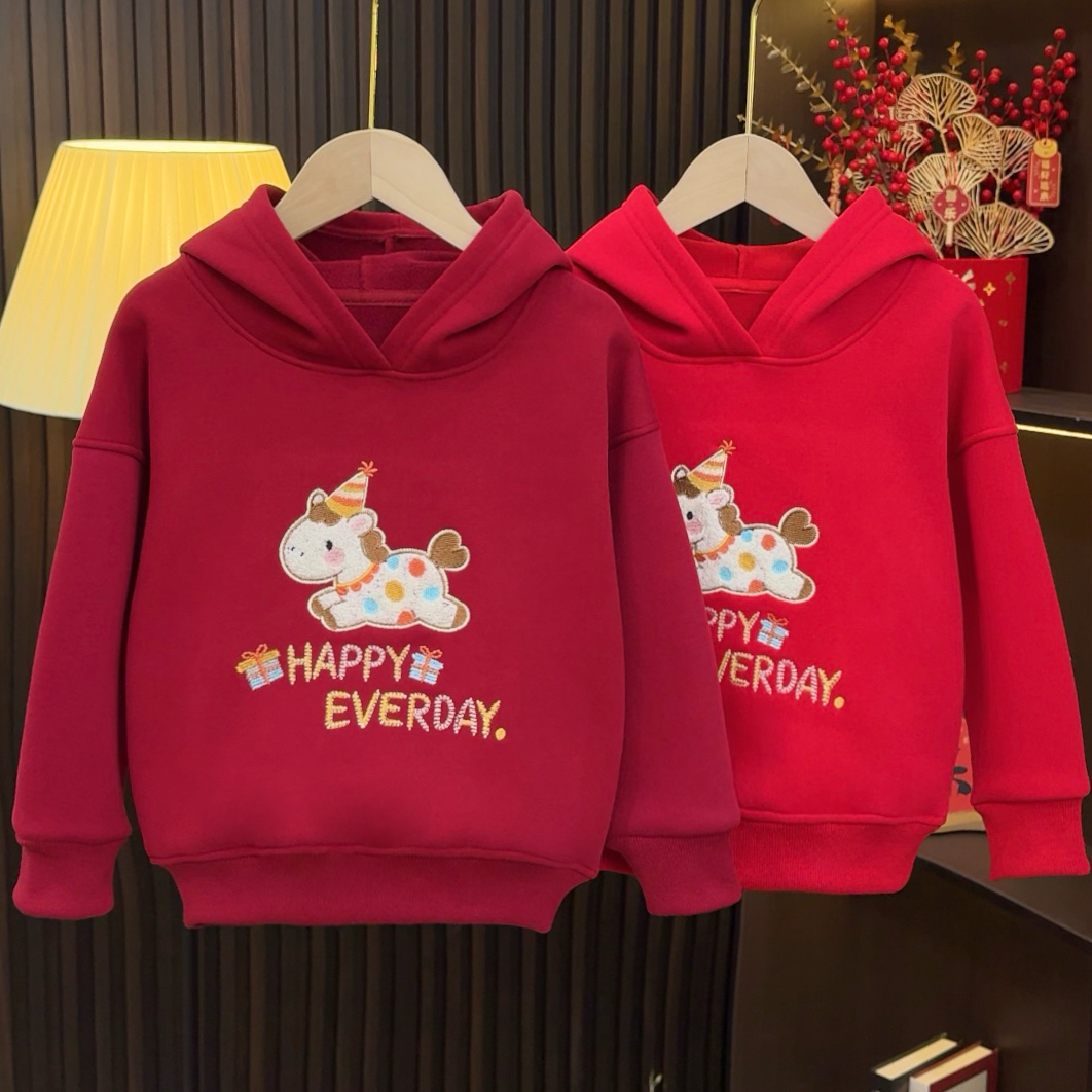 儿童加绒拜年服冬季新款小马红色中大童刺绣加厚时尚休闲卫衣966