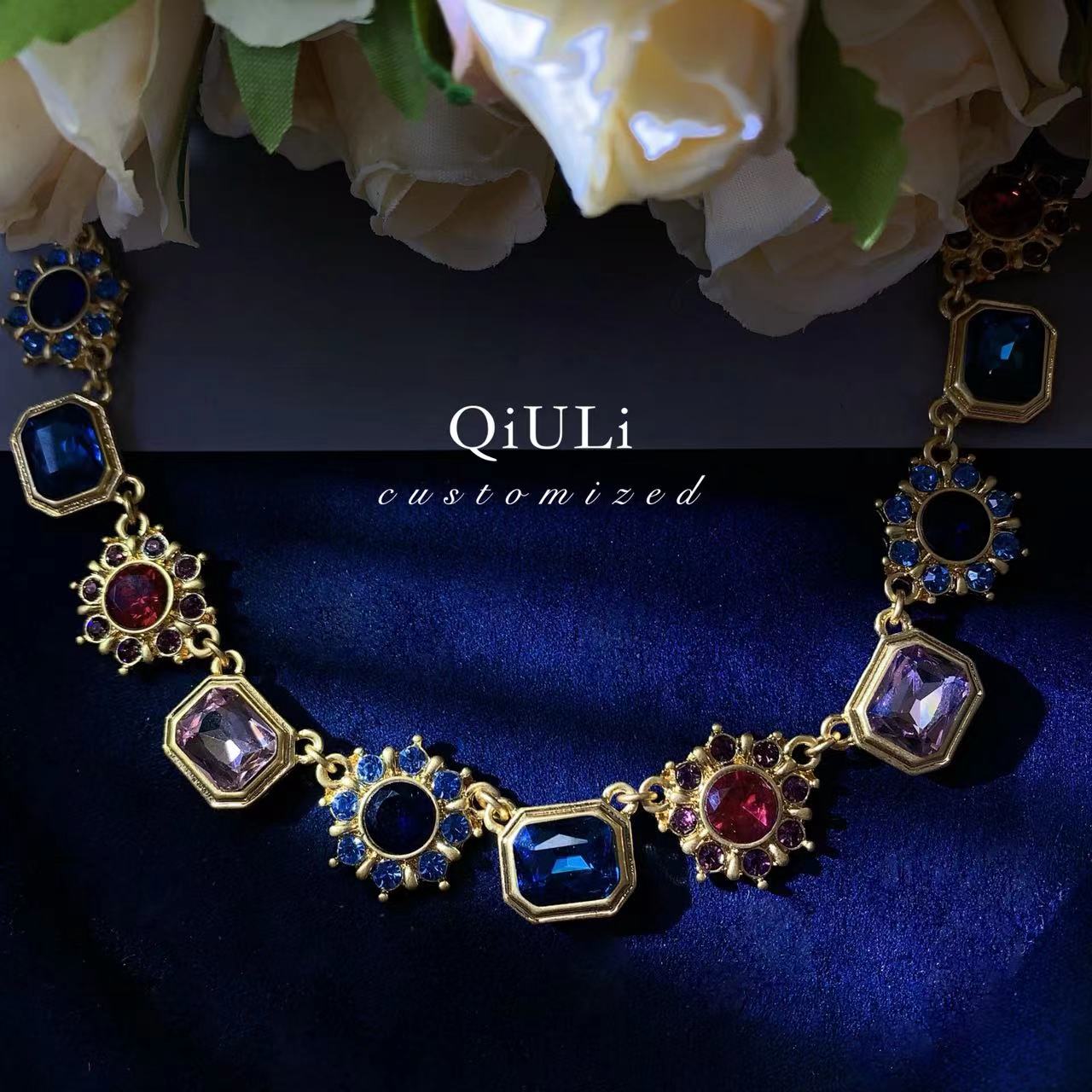 合金合成锆石耳饰 QIULI · 「繁花系列」中古风水滴耳钉项链 1h2343