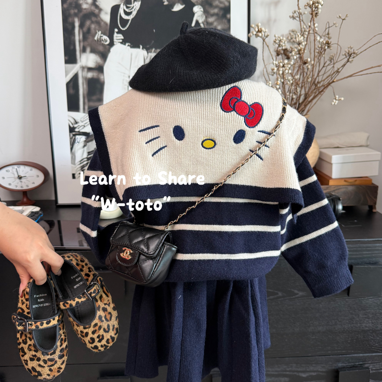 KT海军套装|秋季新款童装女童大翻领猫咪毛衣条纹毛线半裙套装