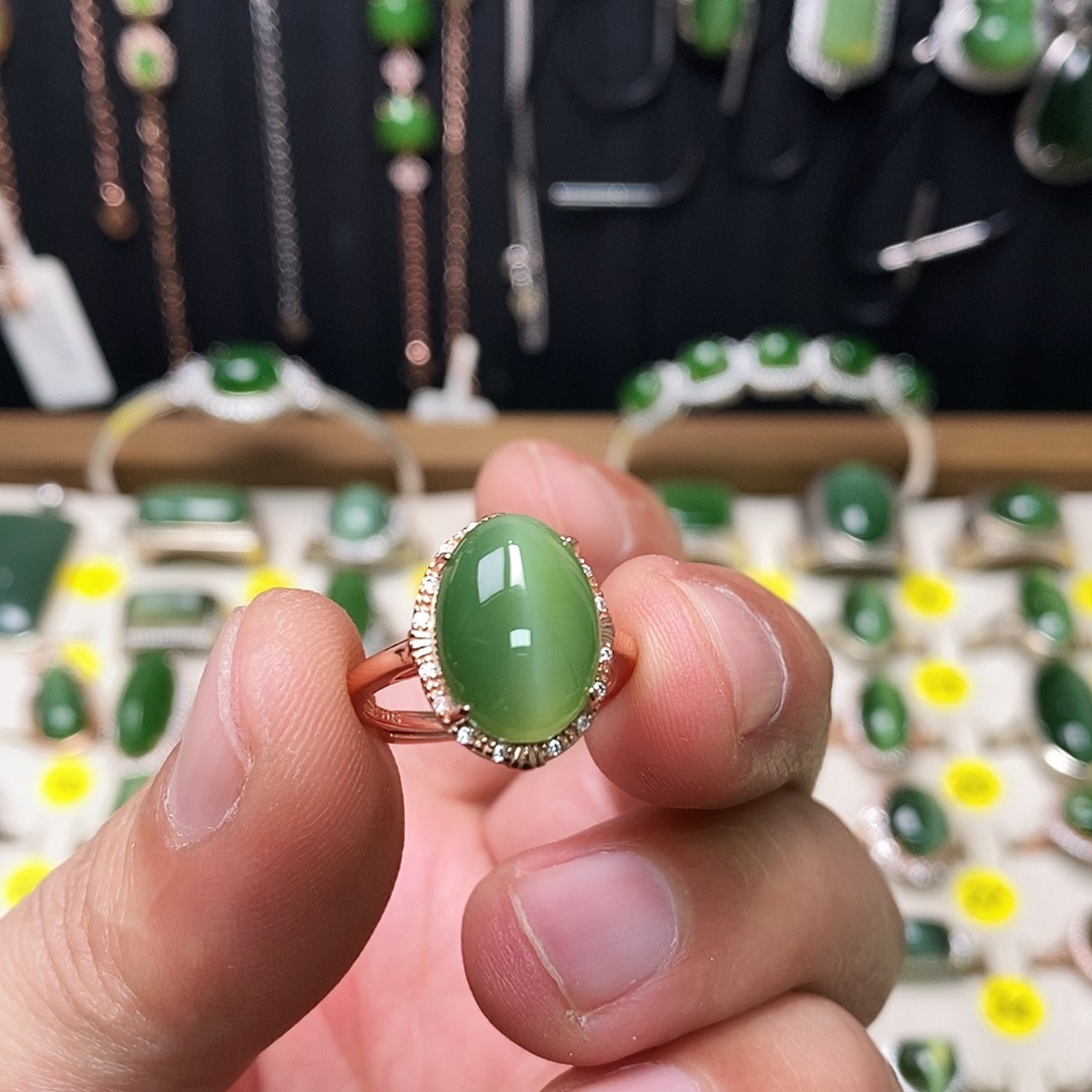 ᥫ***˔和田玉（碧玉）银S925镶嵌戒指