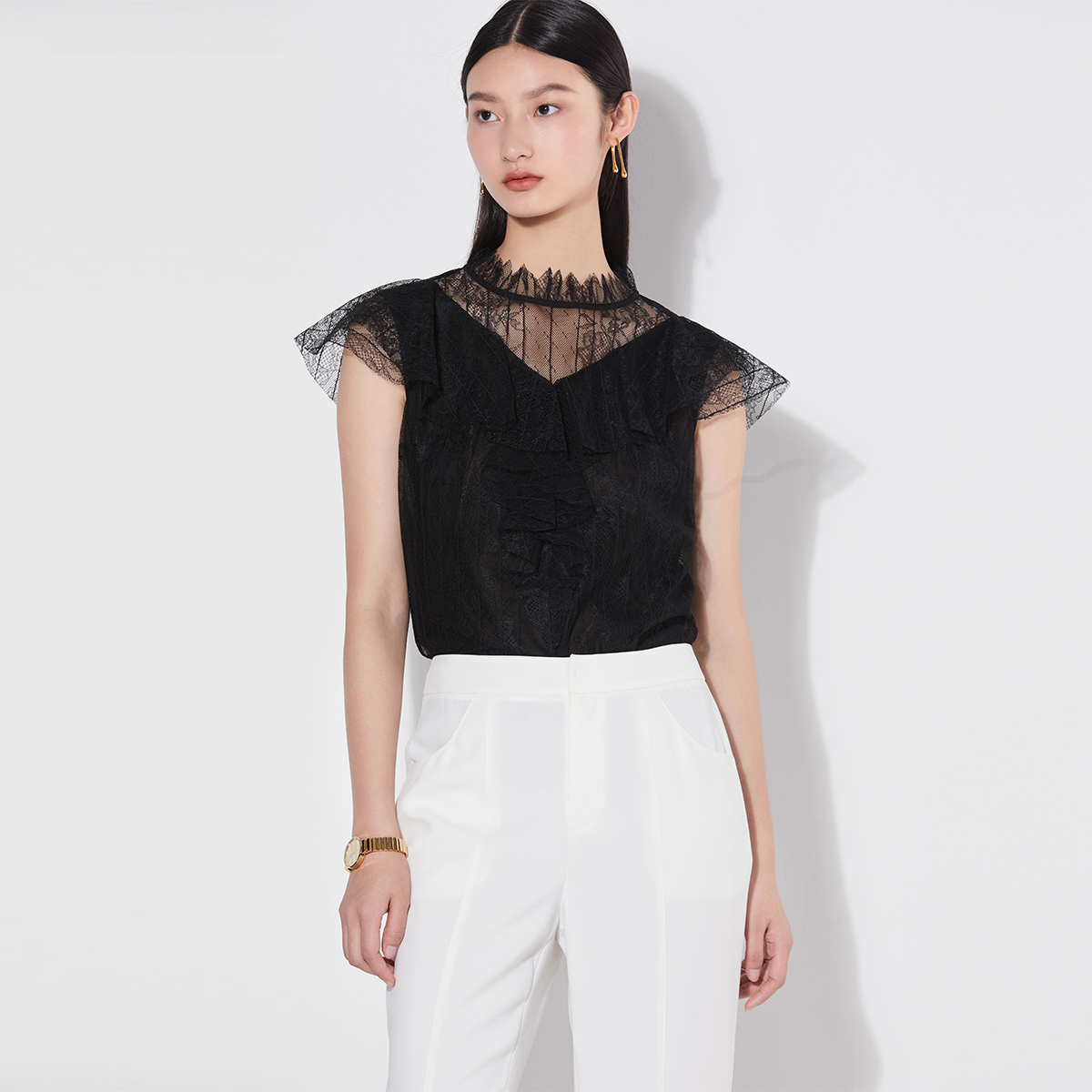 【小余专属】蕾丝假两件小衫夏季浪漫花边领时尚蕾丝边上衣M300352