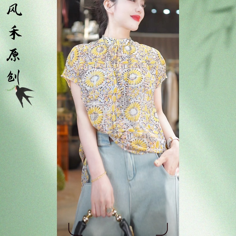 风禾原创【95230】夏季时尚气质洋气法式印花乔其纱防晒短袖衬衫女