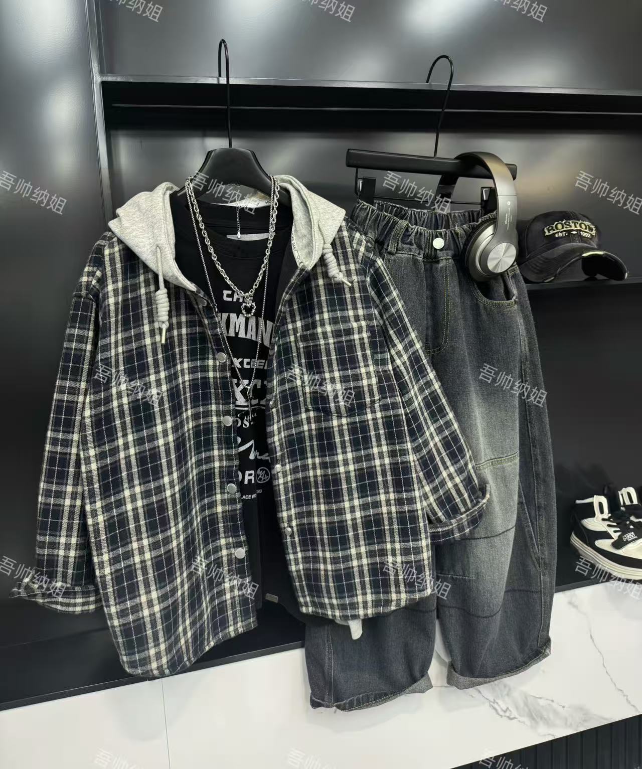 吾2025【Y】9月19日 儿童时尚潮酷藏青色加绒格子外套5715-