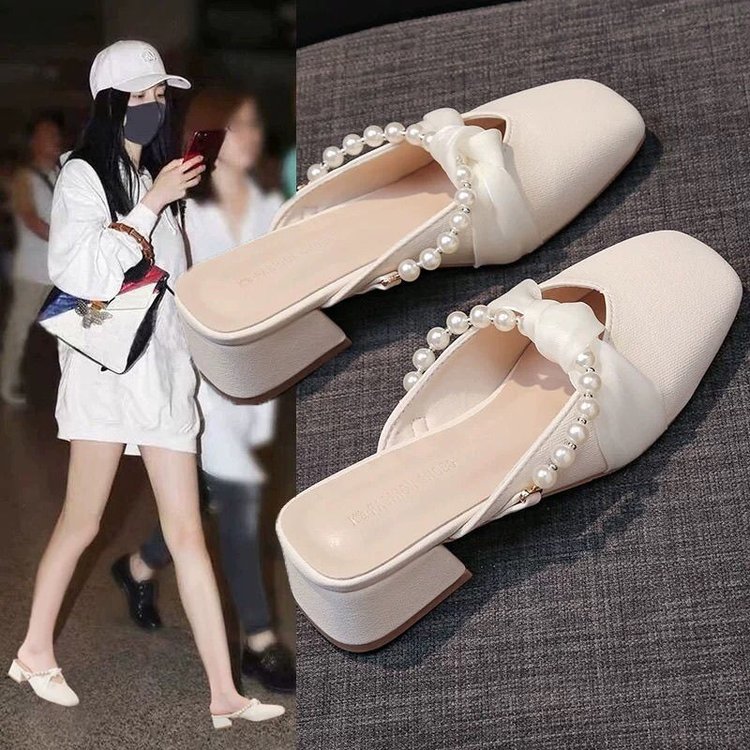 女士夏天外穿白色珍珠包头拖鞋拖鞋女高跟包头凉拖法式玛丽珍半拖