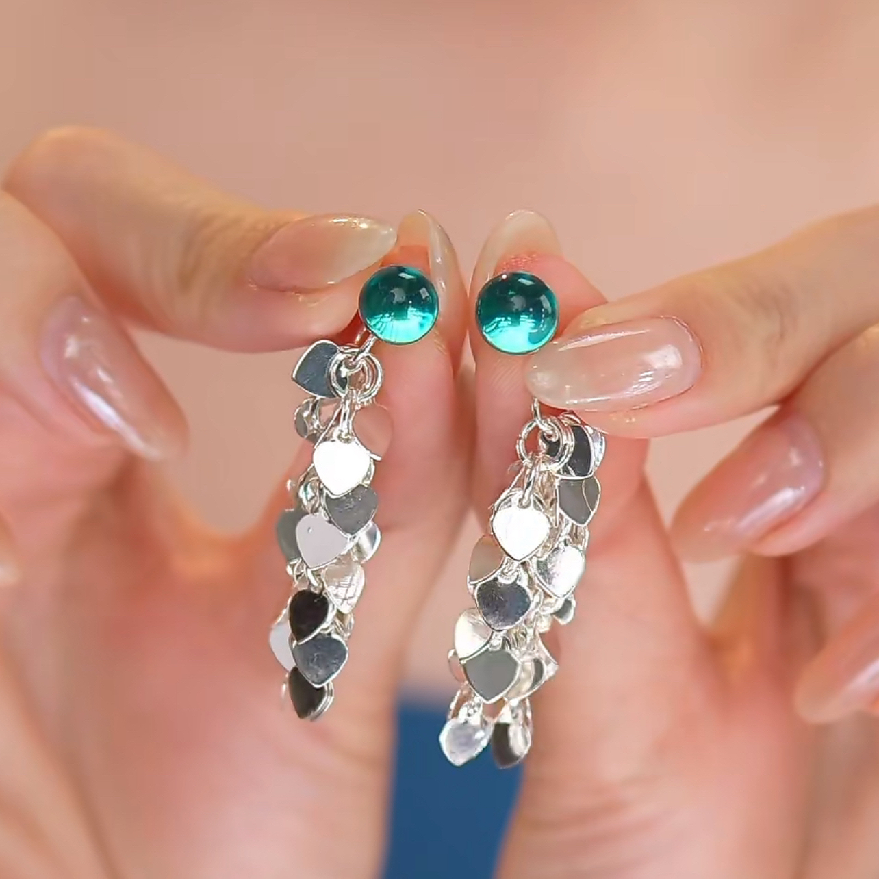 愿岛 黄铜树脂耳饰 法式气质小众蓝绿色树脂前后戴流苏EH2655