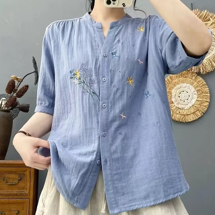 早秋文艺复古5分袖绣花衬衫女纯棉吸汗透气双层棉纱女上衣衬衣