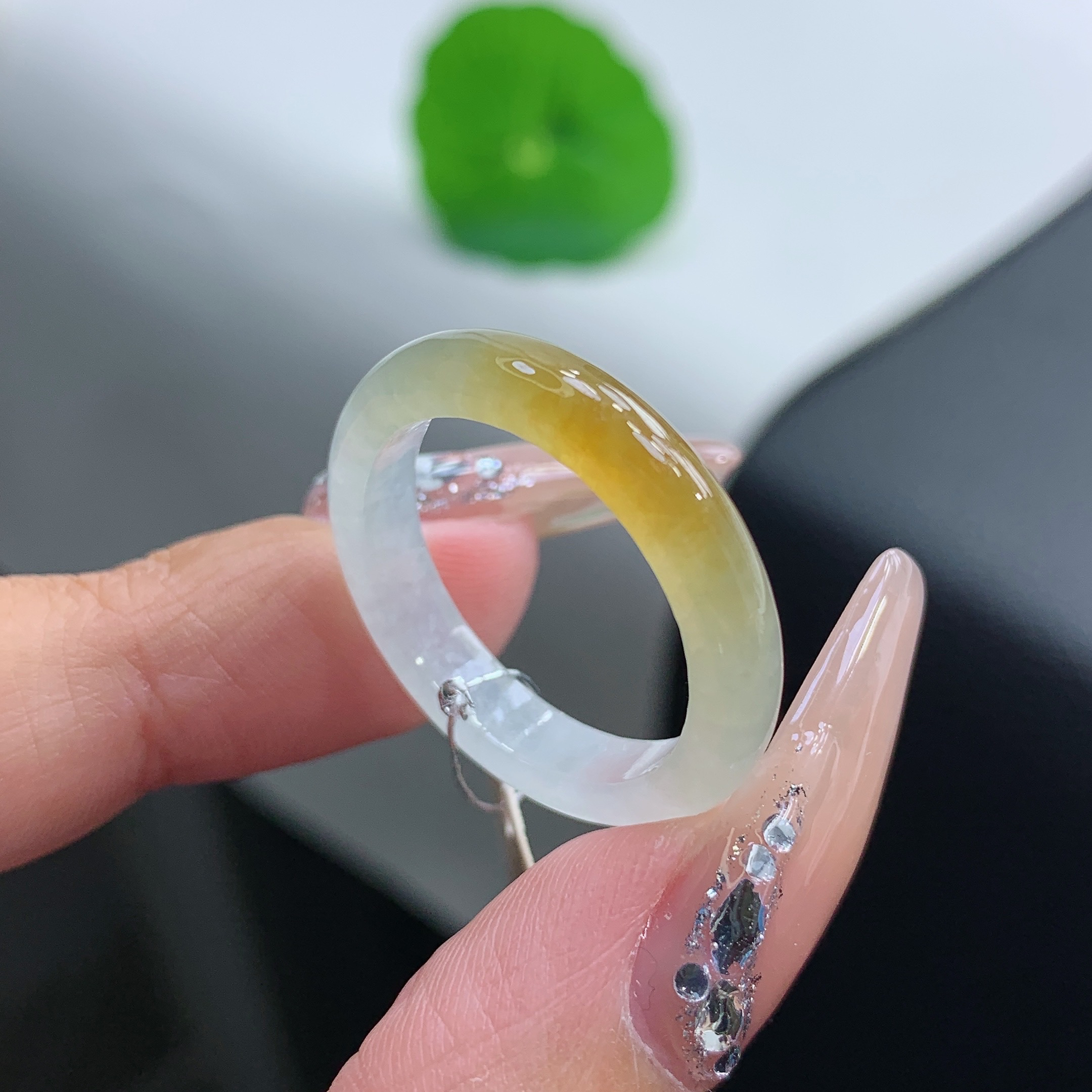 20-21号 缅甸天然A货 冰飘黄翡翡翠戒指指环 内径19.2-4.4-3.2mm