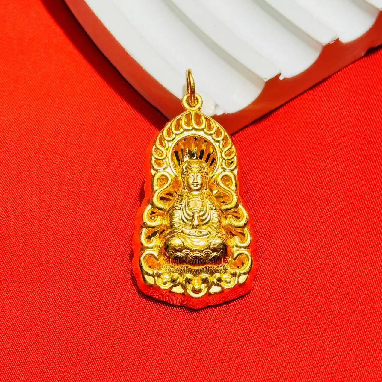黄金足金999国风火焰观音吊坠