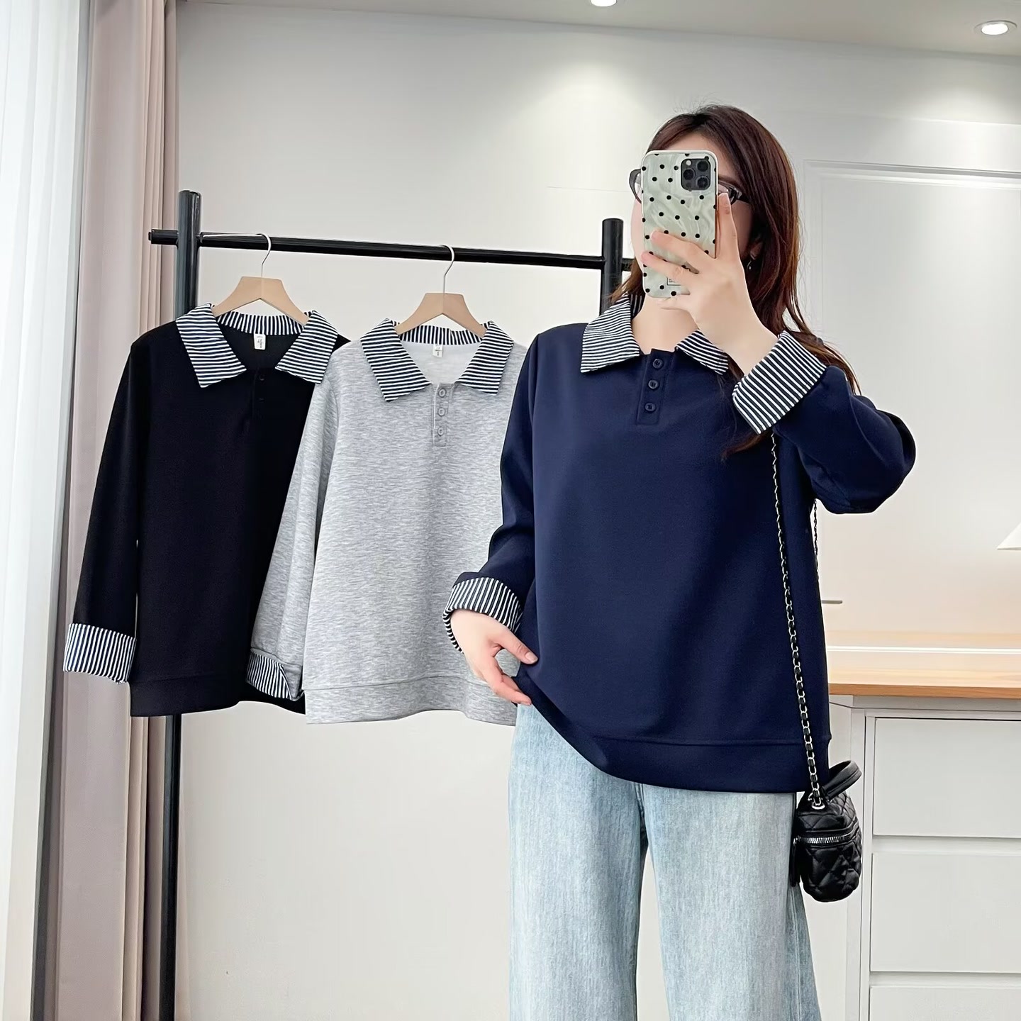 大码胖mm韩版宽松显瘦条纹拼接卫衣女秋季新款百搭减龄上衣6031