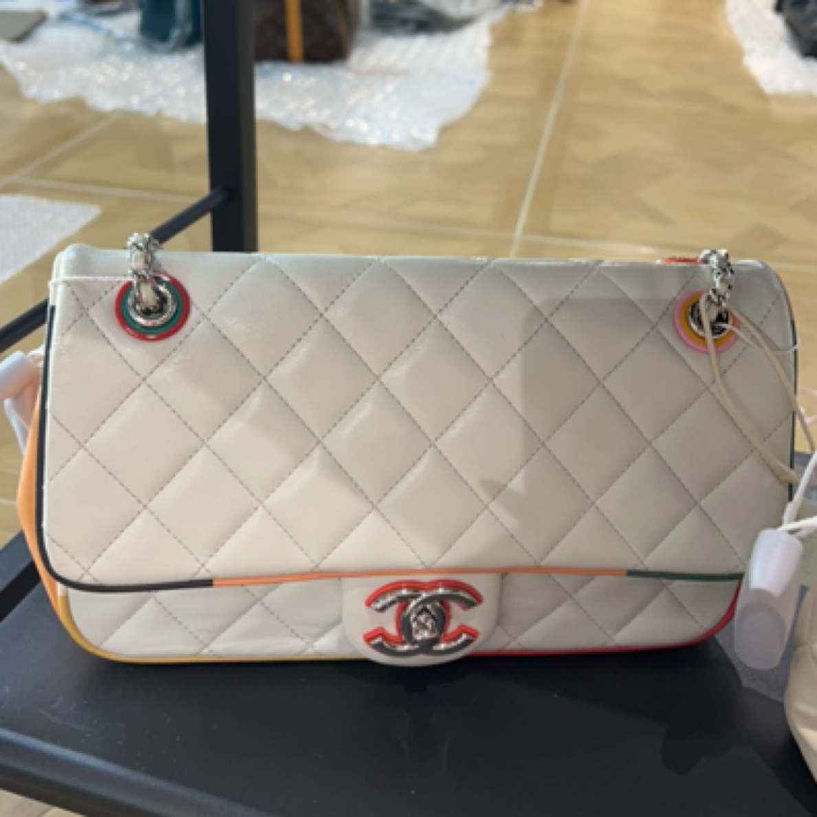 95新 Chanel/香奈儿 拼色银扣单肩包时尚链条设计