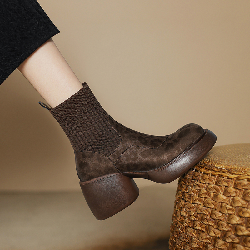 8.0厘米跟高时尚粗跟厚底性感豹纹短靴女牛皮马丁靴加绒秋冬新款