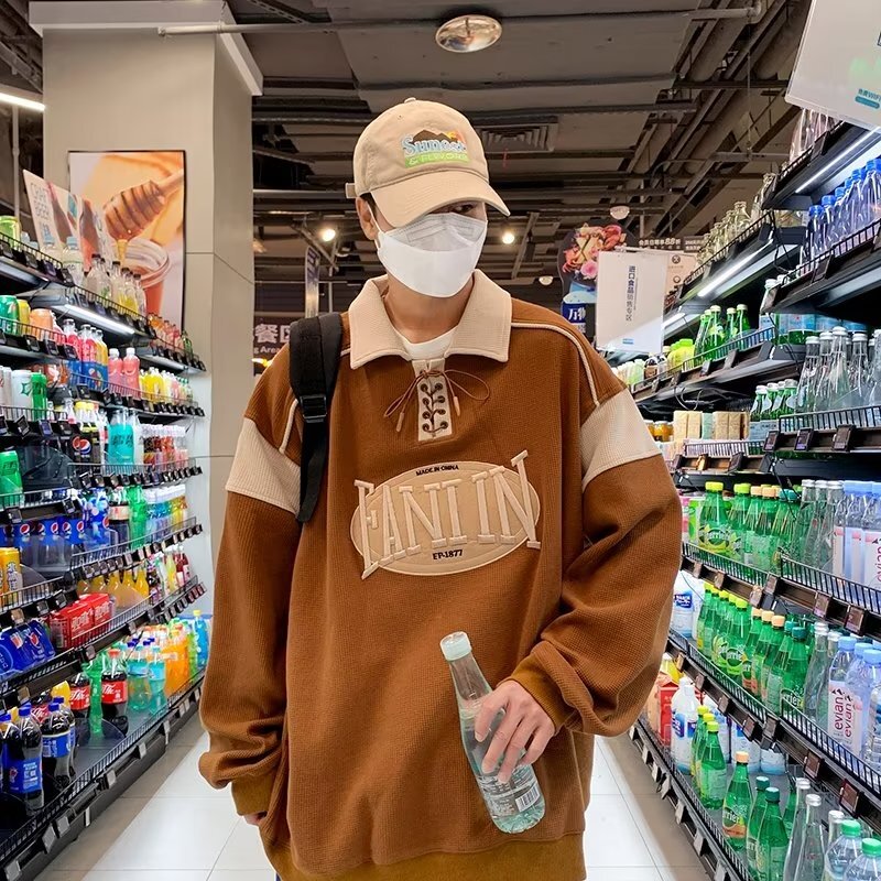 WY15-BY拼色华夫格长袖POLO衫男女潮牌宽松设计感百搭翻领卫衣潮