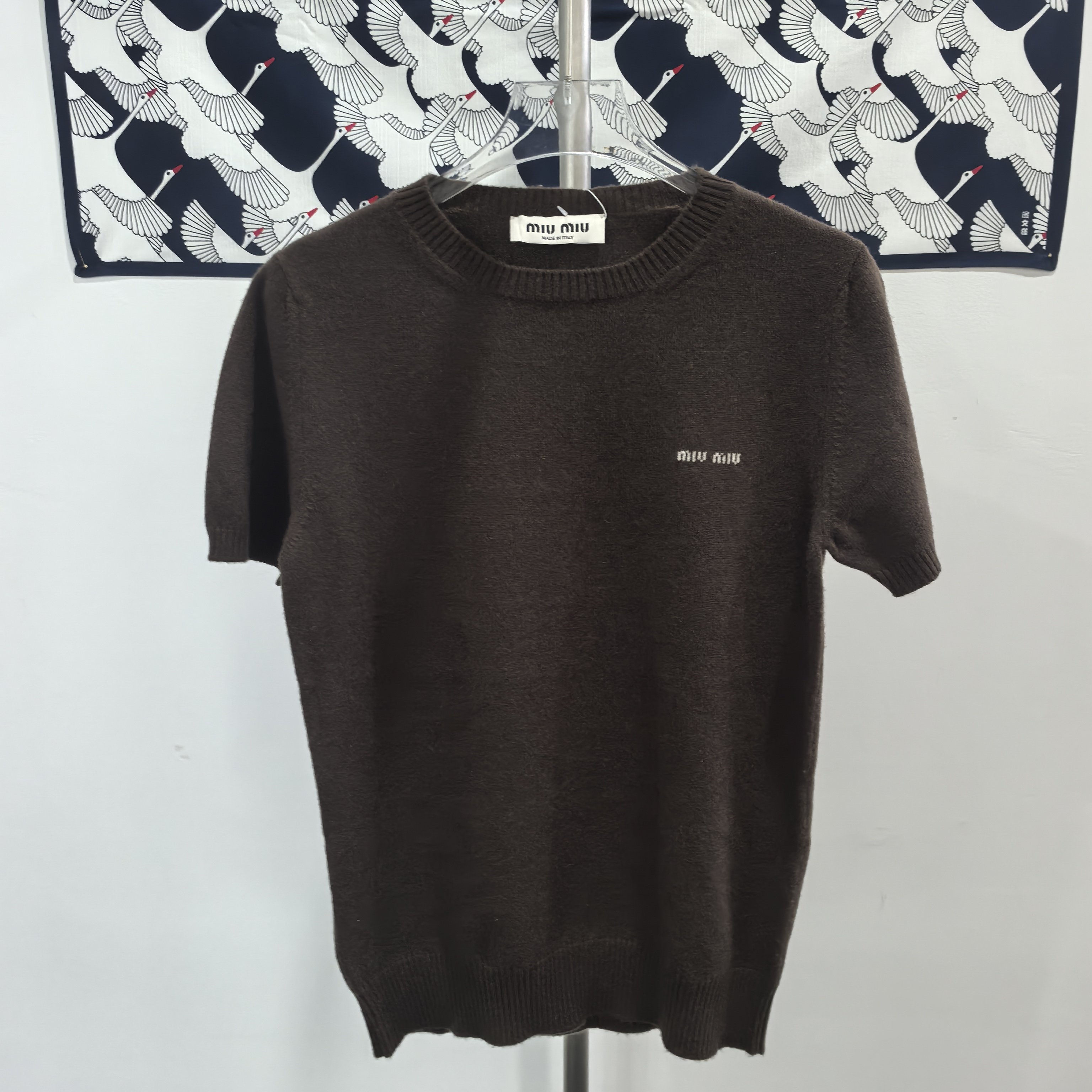 99新 MIU MIU/缪缪 缪缪棕色山羊绒针织衫短袖上衣40码