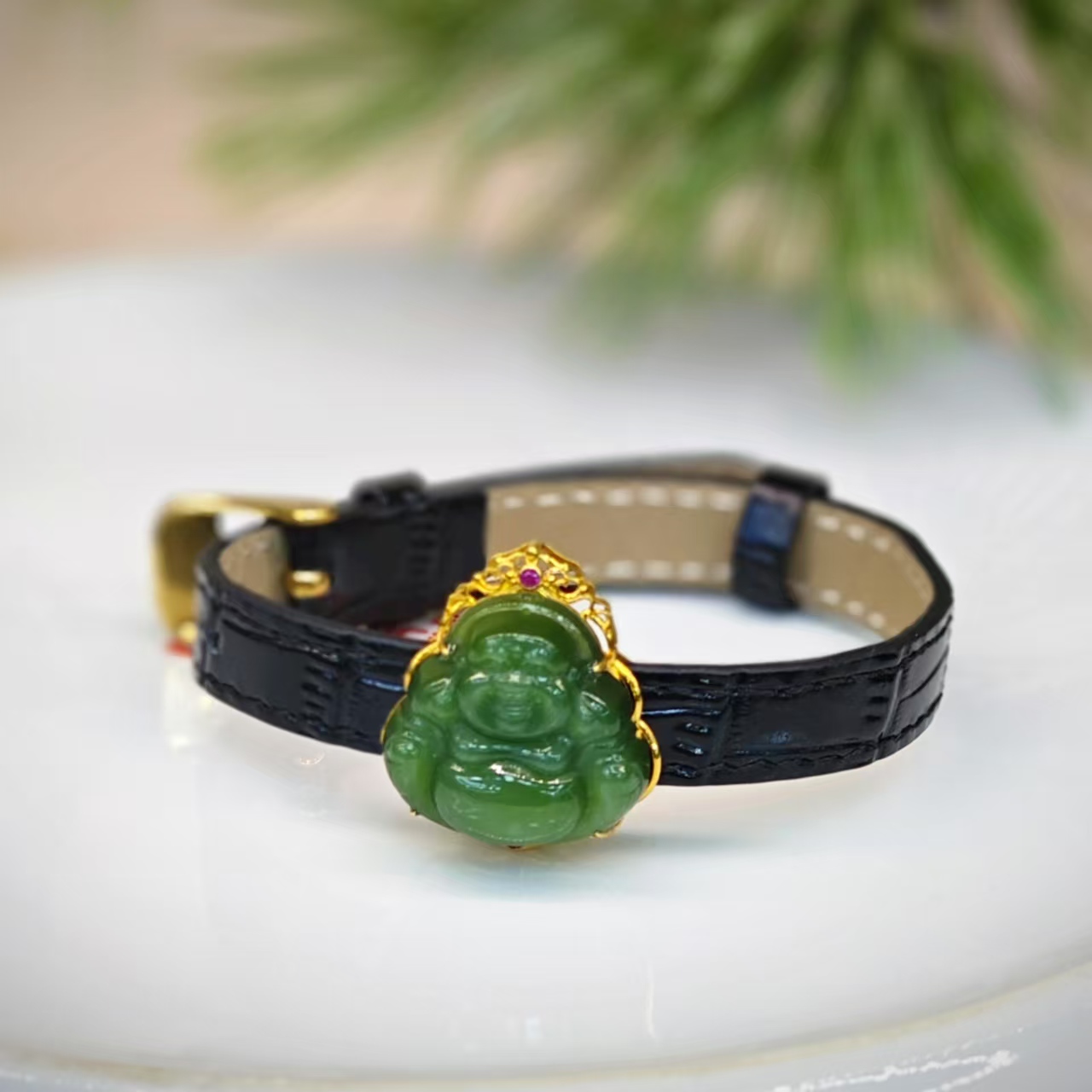 18K和田玉碧玉佛公手牌