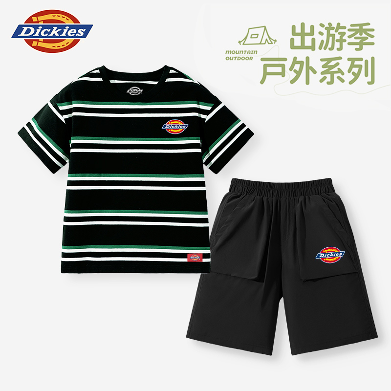 Dickies童装男童夏装套装儿童户外运动服帅气男孩时尚条纹短袖T恤
