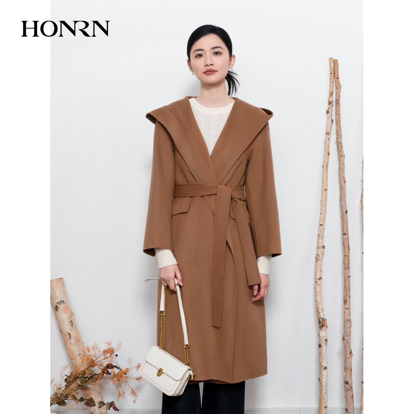 HONRN/红人连帽系带收腰双面羊毛呢子大衣外套女秋冬HI55OD755