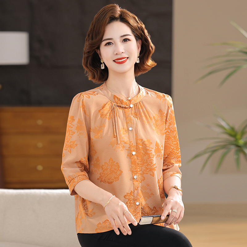 时尚中年妈妈装2025夏季新款洋气小衫宽松大码新中式中老年上衣
