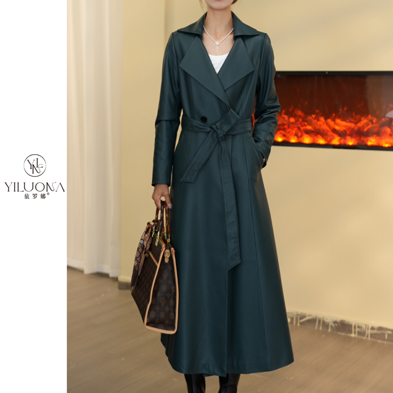 【依罗娜】2213 海宁真皮皮衣女款秋冬季绵羊皮风衣长款鹅绒服外套