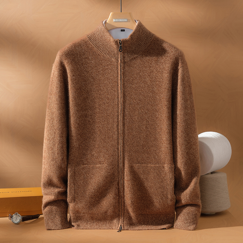 100%山羊绒加厚双股花纱半高领开衫男士商务羊绒针织衫均540克