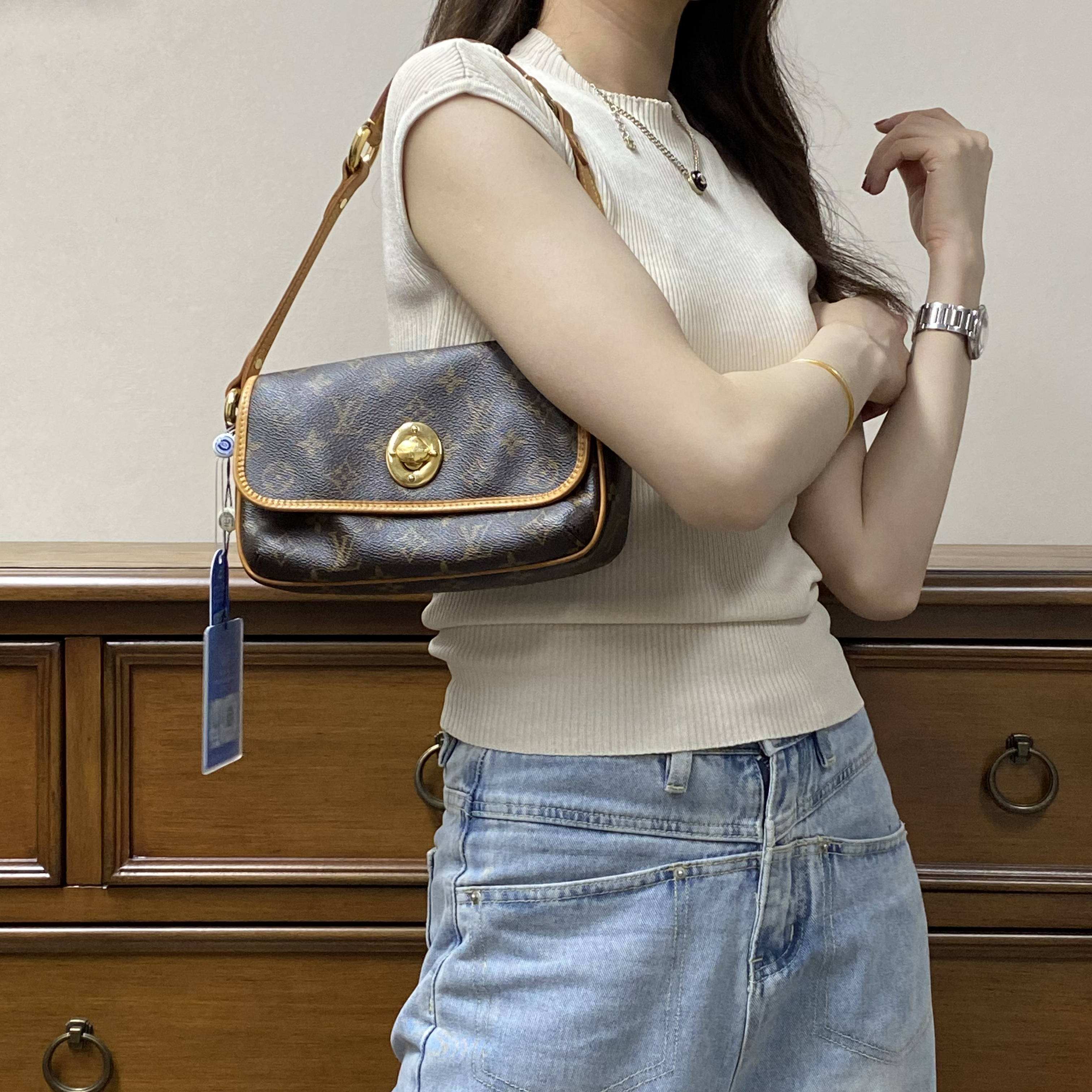 99新 LouisVuitton/路易威登 LV经典老花拼皮金豆小号单肩腋下包
