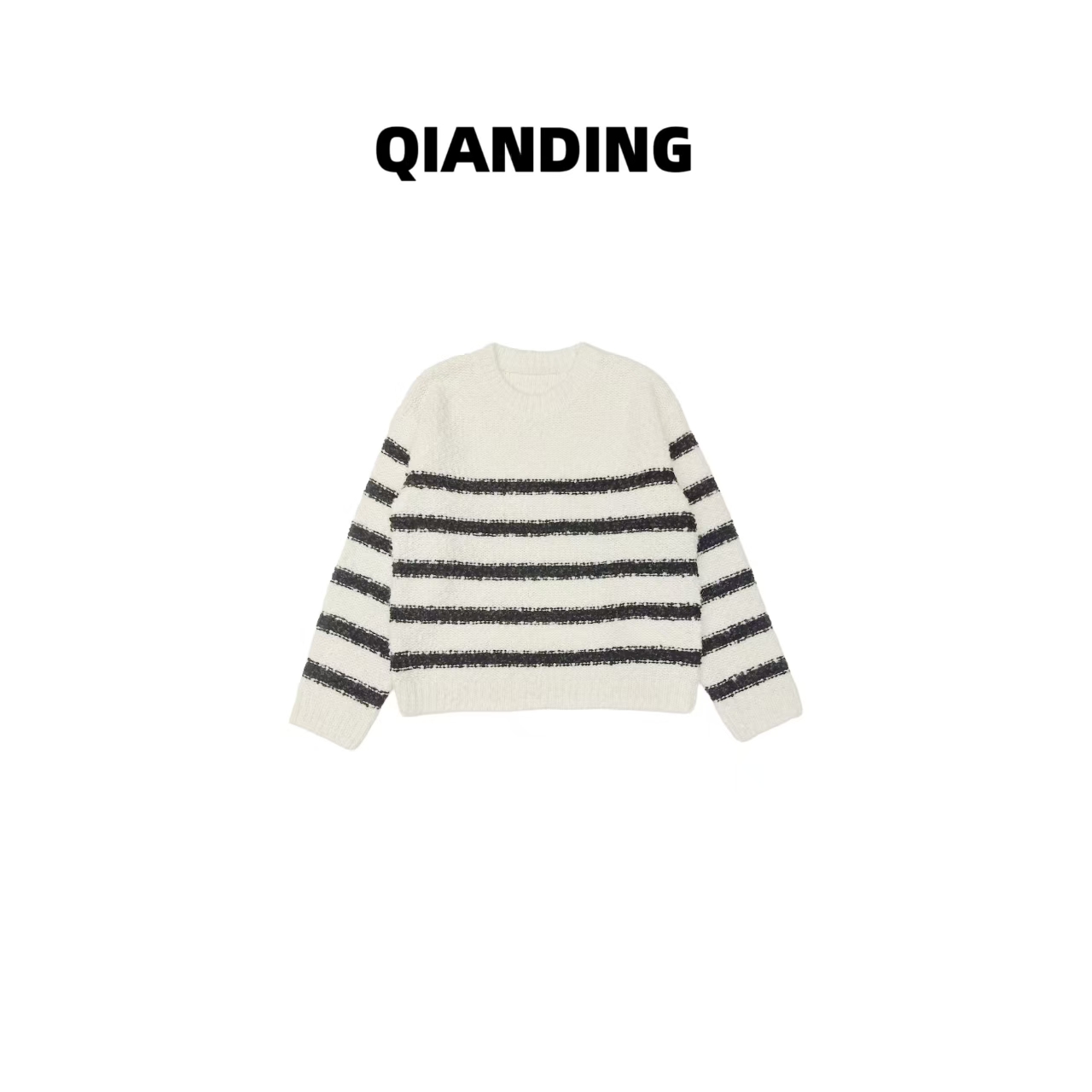 【QIANDING】【绵羊毛莱赛尔混纺】圆领条纹毛衣25135
