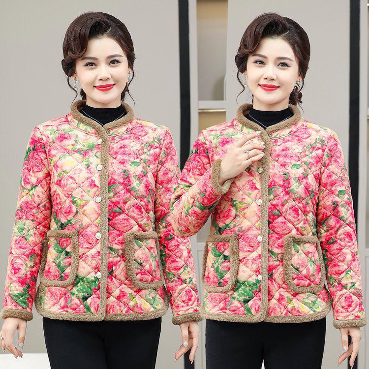 妈妈装加绒加厚新中式盘扣玫瑰花色时尚棉袄外套棉服保暖冬季