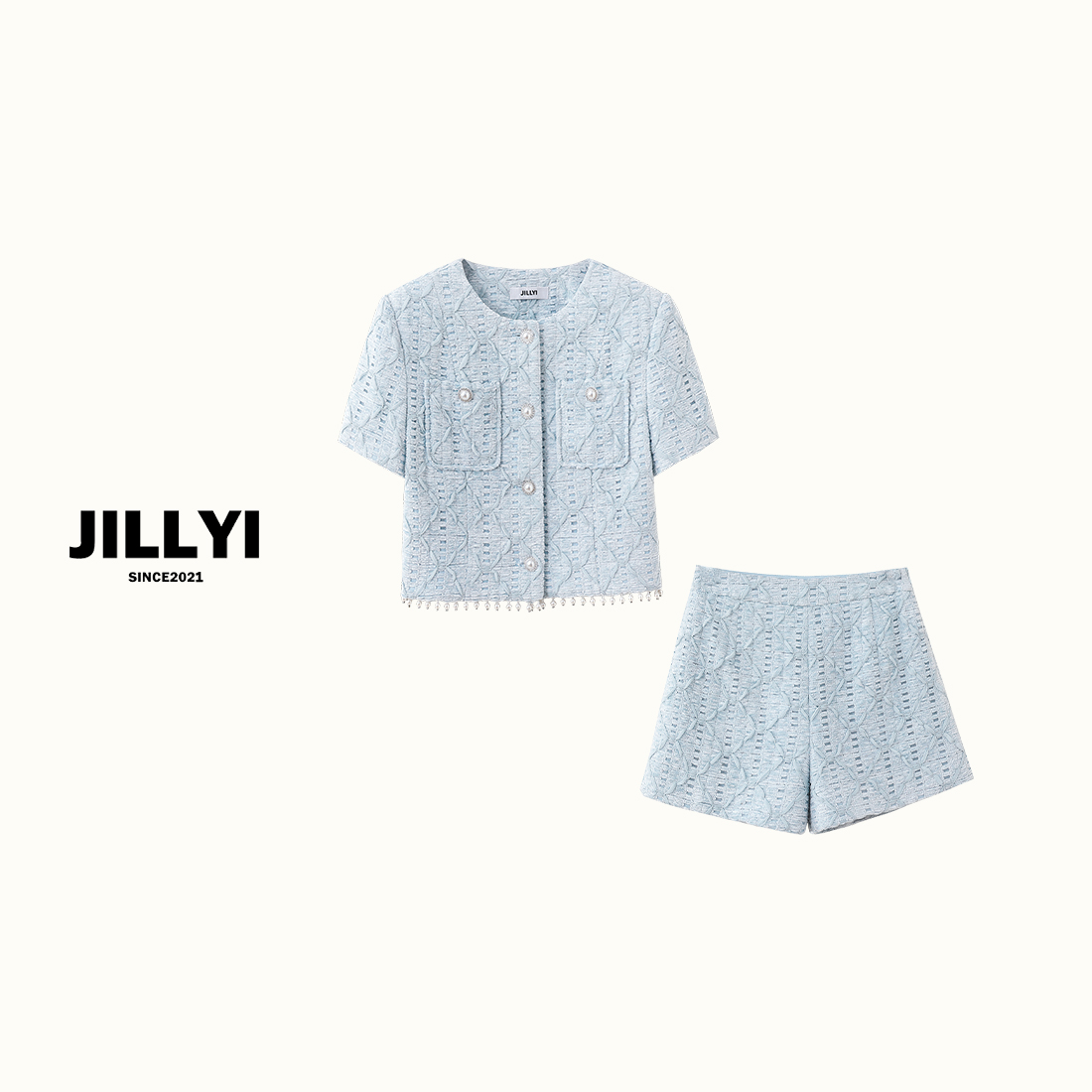 JILLYI南山店【冰岛海岸】天蓝色小香风圆领外套+天蓝色短裤套装