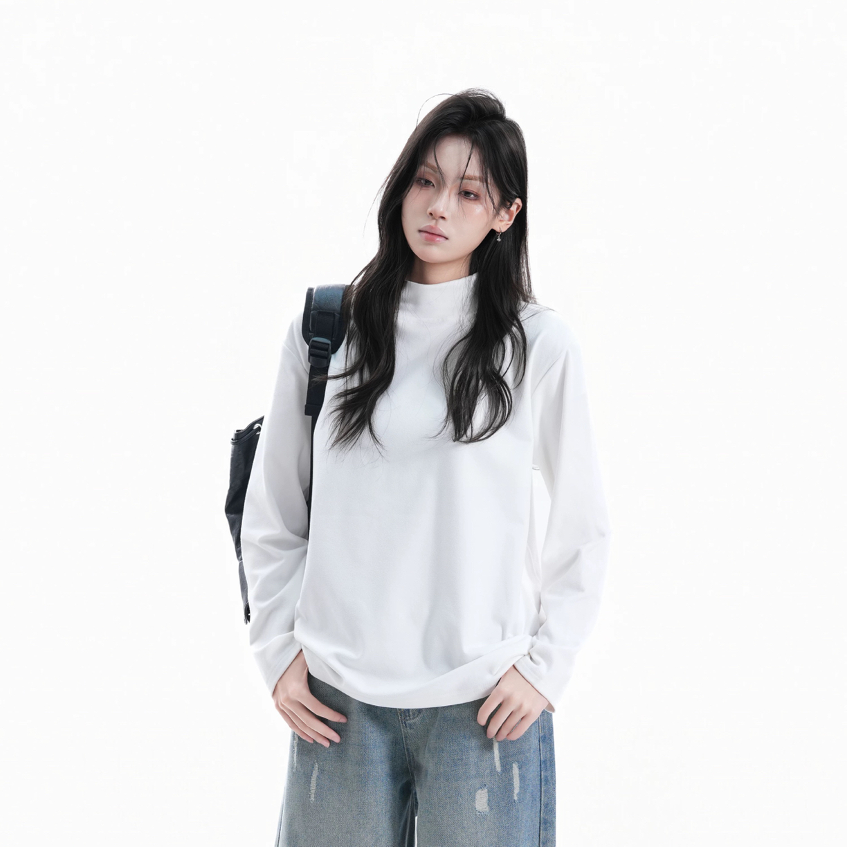 HTCS 秋季基础款纯色半高领长袖T恤女慵懒感宽松打底衫ins