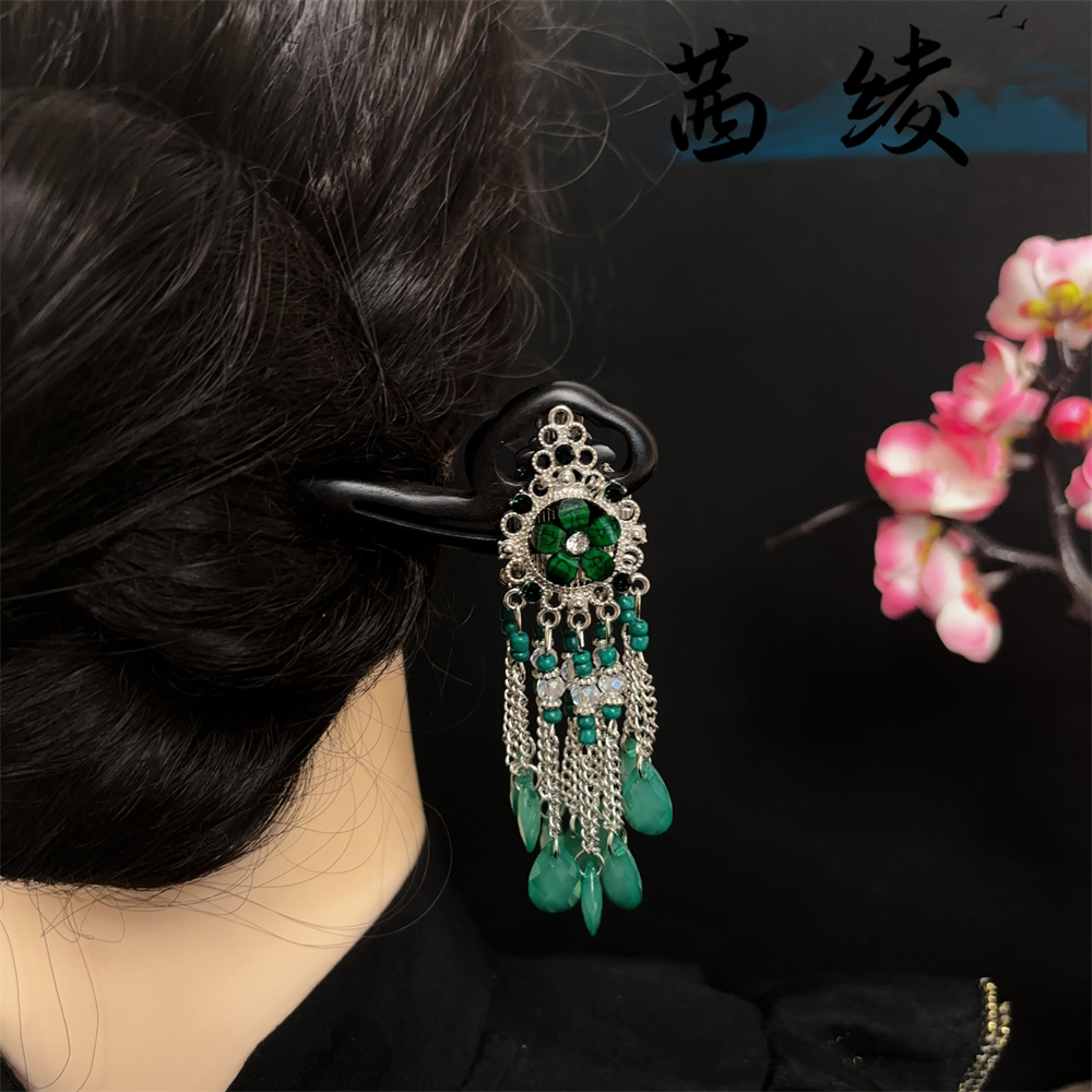 a739【绿色流苏】18公分古风双面发簪长流苏国风气质新中式发簪头饰