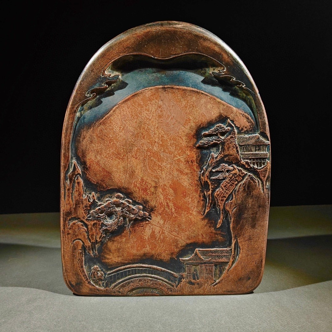 旧红丝砚砚池雕刻山水人物砚面简洁大气实用天然艳丽的色彩和纹理