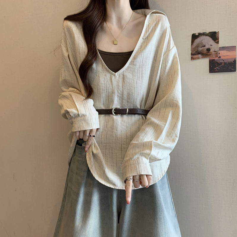 大码女装配腰带收腰深V领长袖衬衫女2025春气质宽松显瘦衬衣上衣