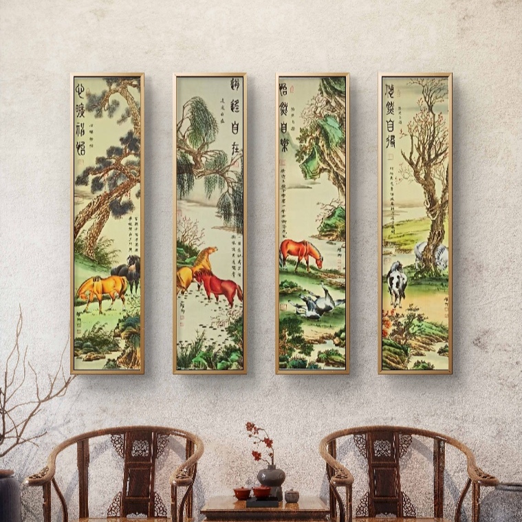 《骏马四条屏》锦绫无框-葛