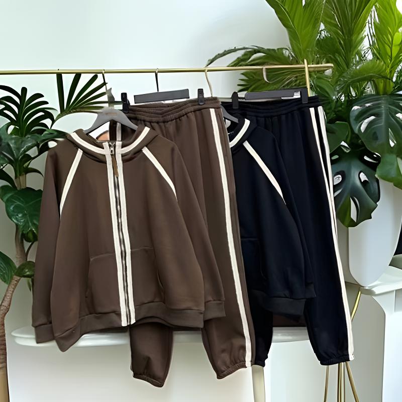 230-320斤 分码 大码加绒连帽卡条时尚休闲套装