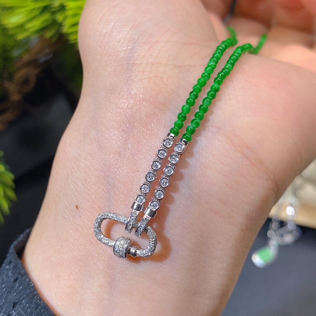 翡翠18K金镶嵌颈饰45cm 天然缅甸A货翡翠