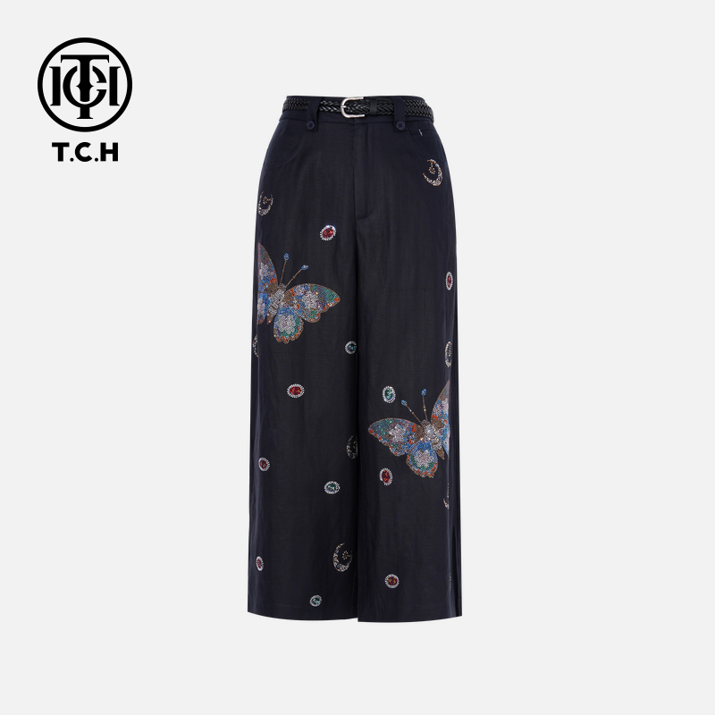 TCH轻奢烫钻工艺时尚蝴蝶印花藏青色休闲裤女T75B20E1017私服tch
