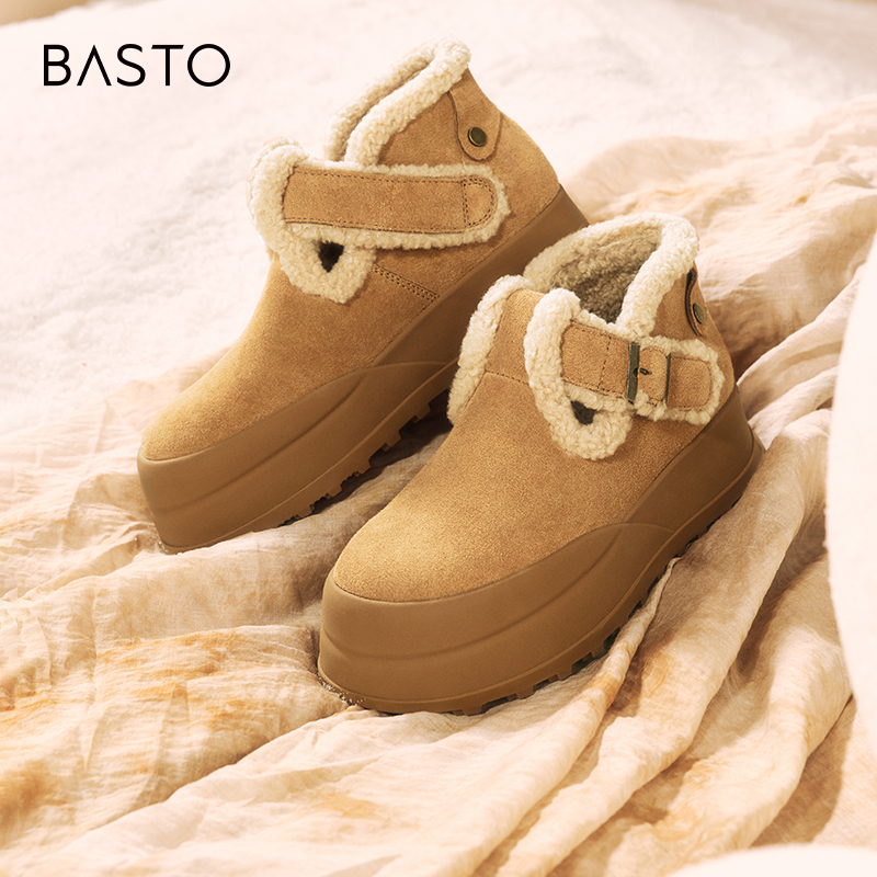 百思图2024冬新款商场同款简约户外勃肯毛毛鞋厚底女短靴L2528DD4