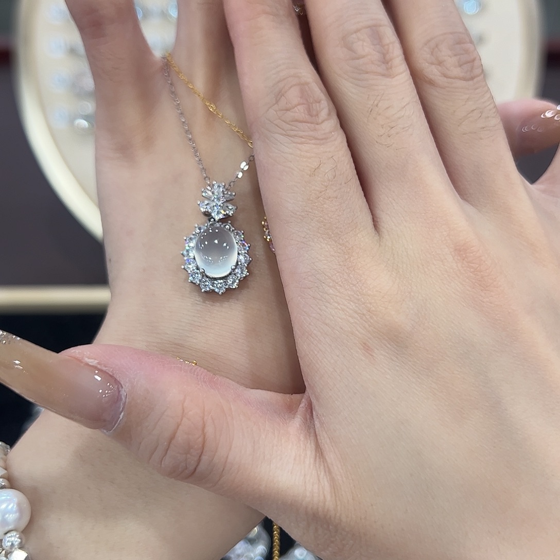 再***猫蛇纹石玉银S925镶嵌颈饰