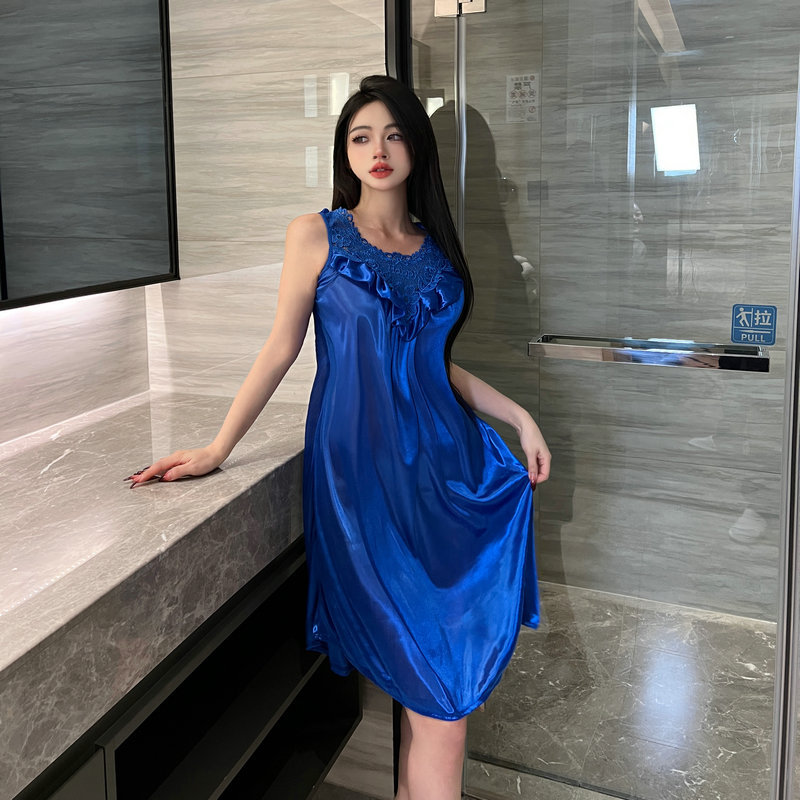 夏季女士冰丝吊带睡裙蕾丝宽松加肥加大码胖妹妹性感睡衣