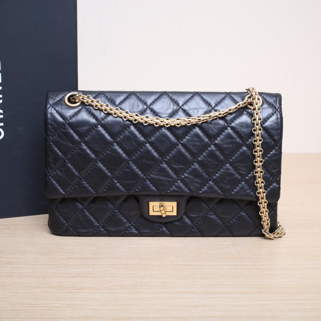 95新 Chanel/香奈儿 【黑黑】2.55 口盖包 大号 黑色 15开 金扣